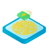 Isometric view of a blue square with a yellow fingerprint and green padlock, symbolizing security and privacy.
                                